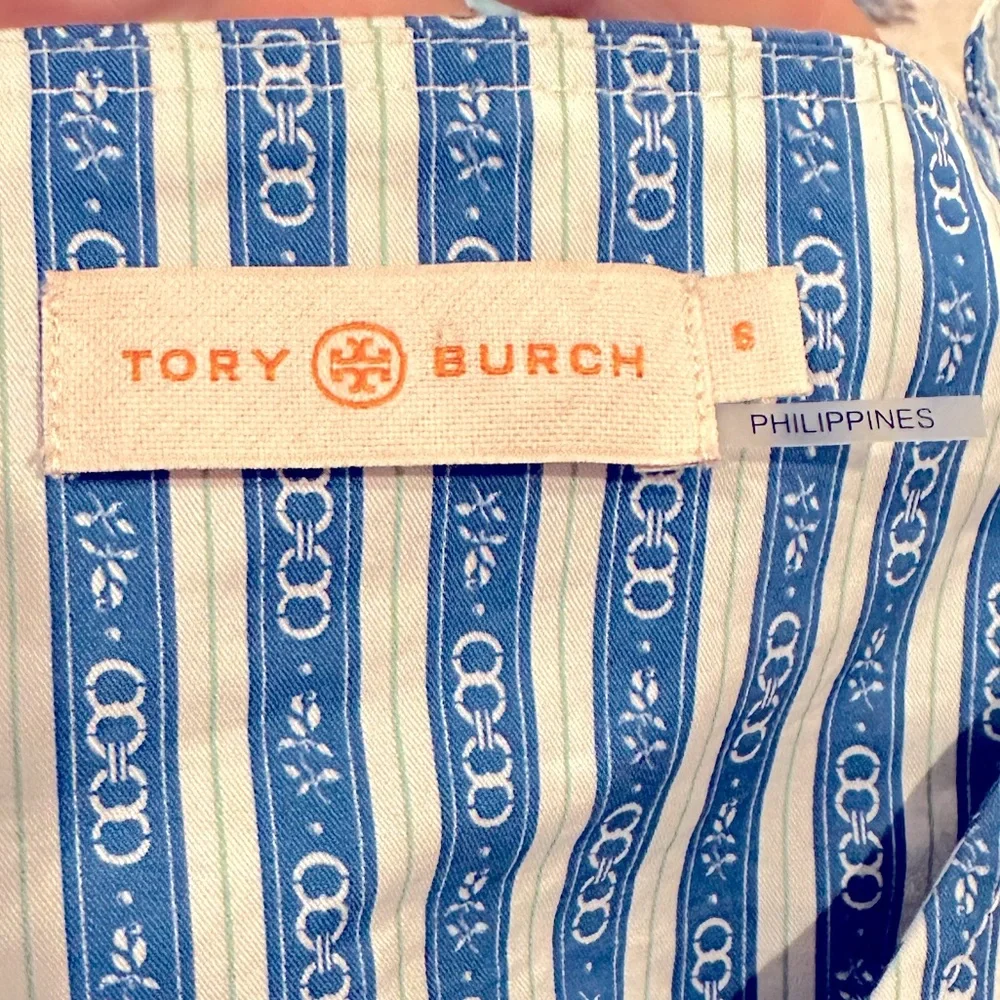 Tory Burch Cropped Gemini Link Striped Blue White Short Puff-Sleeve top 6